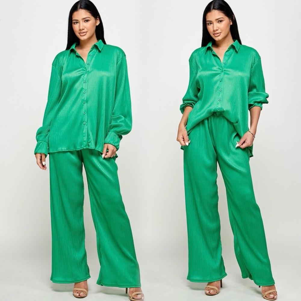 Elegant Green Women's Pants & Button Down Plisse Top Set NWOT